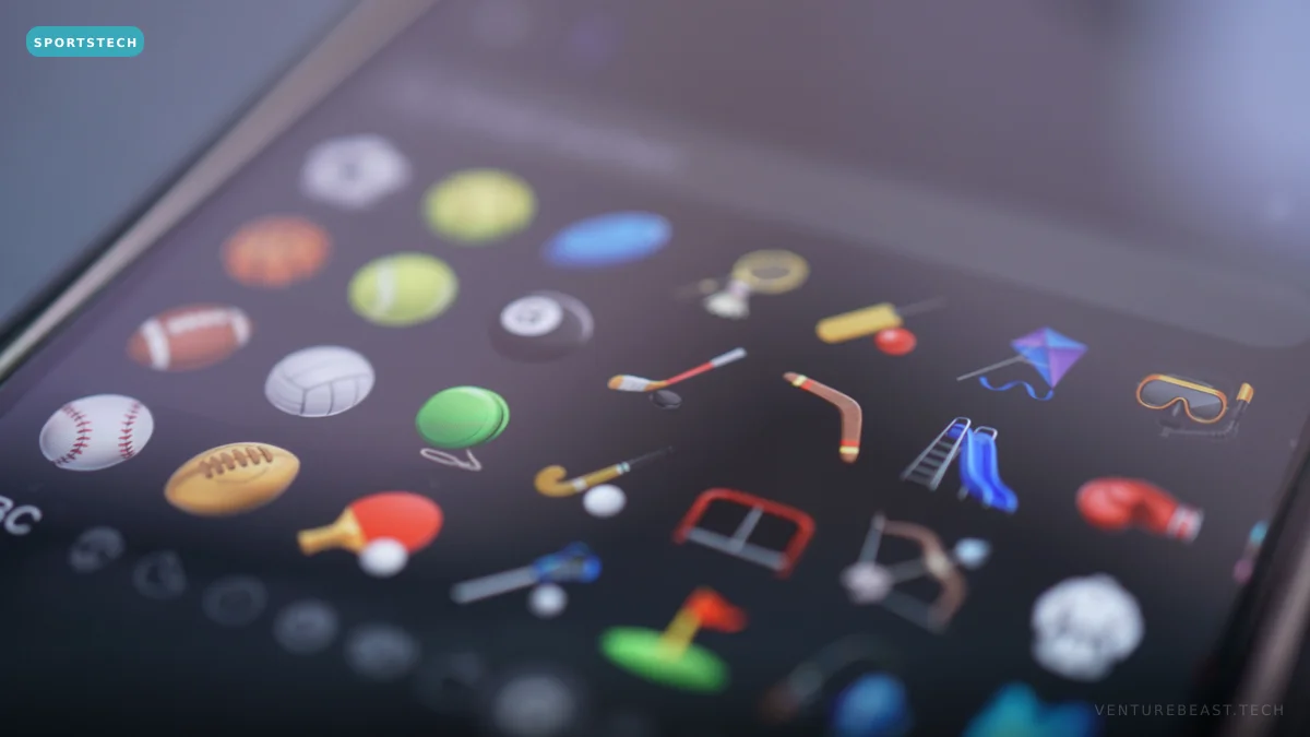 Close-up of a tablet screen filled with colourful sports icons such as balls, rackets and a trophy