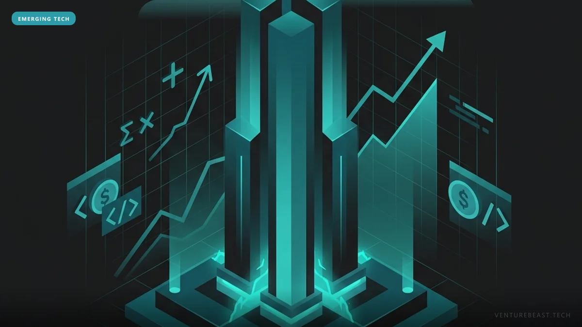 Digital illustration of glowing teal towers rising from a platform amid upward trend arrows and dollar and code icons