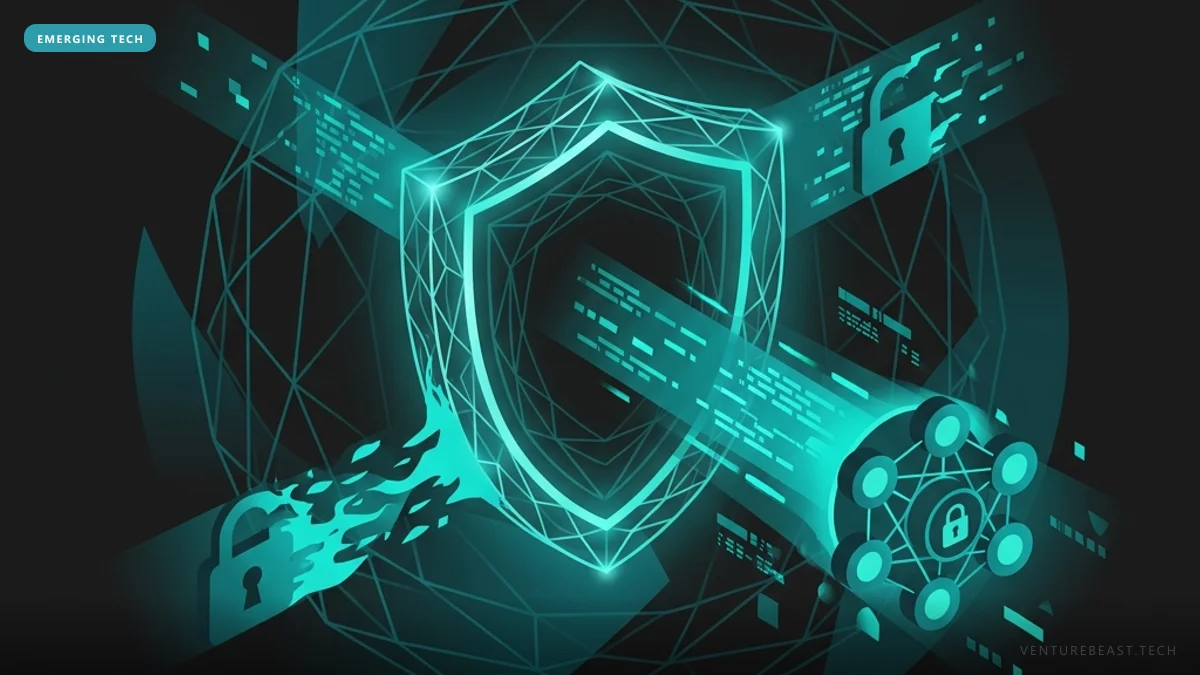 Digital illustration of a glowing teal wireframe shield crossed by encrypted data streams and padlock icons