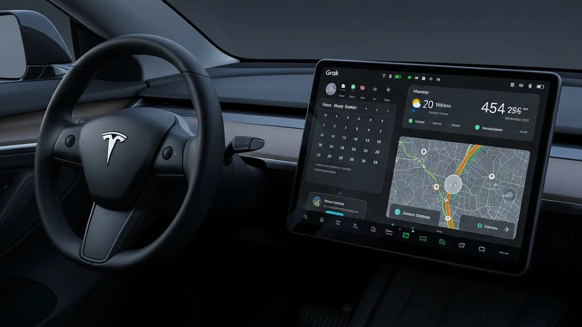 Render of a Tesla interior whose large center touchscreen shows a Grok dashboard with a calendar, weather and navigation map