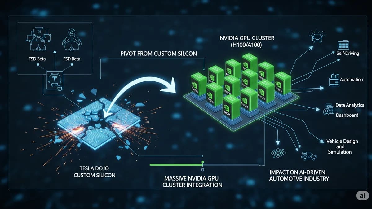 Infographic with an arrow from a shattered "Tesla Dojo Custom Silicon" chip to a green "NVIDIA GPU Cluster (H100/A100)"