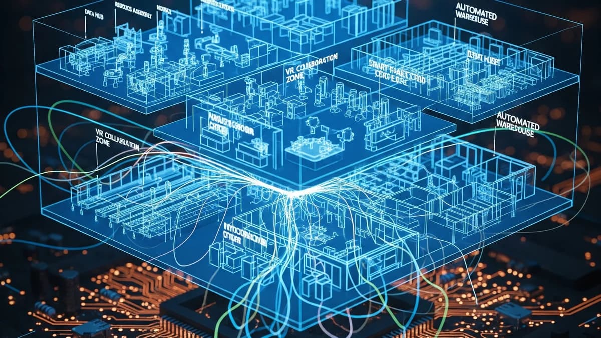 Digital illustration of stacked translucent blue floor plans, with zones like an automated warehouse, wired to a circuit board